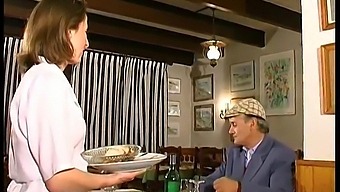 French Brunette Enjoys Threesome In A Restaurant With Voyeur Papi